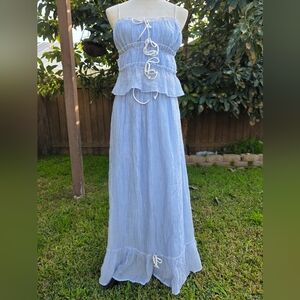 2 Piece Vintage Light Blue Top And Maxi Skirt with Bow Accents NWOT